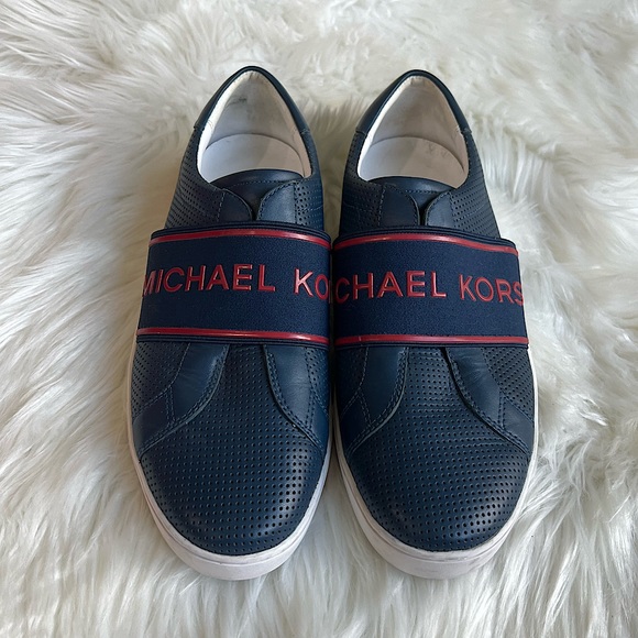 Michael Kors men’s size 7.5 navy dark blue and red leather slip on loafers - Picture 1 of 16
